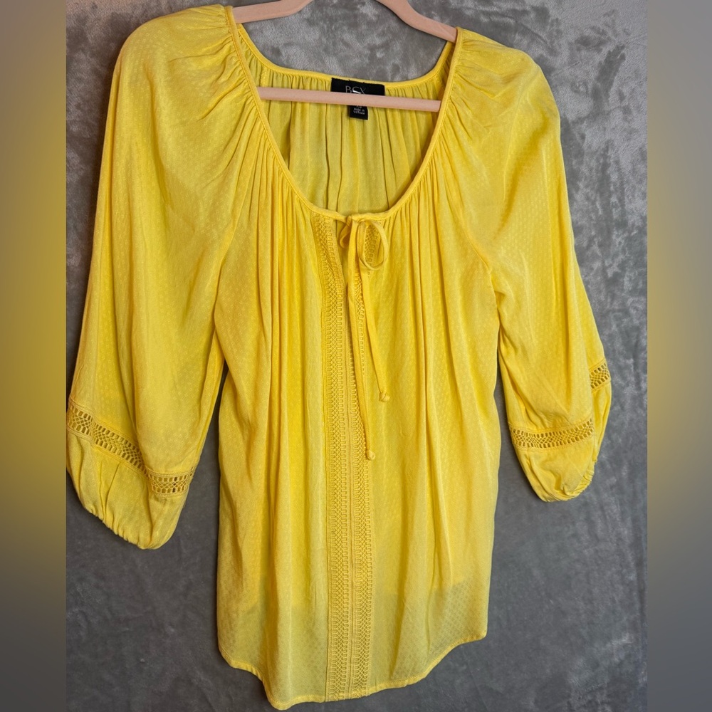 BCX Yellow‎ XS Peasant Tunic with Tie Neck and Lace Trim